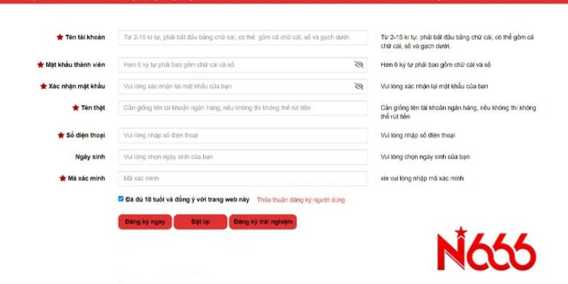 Cam kết đủ 18 tuổi và đồng ý điều khoản khi đăng ký n666